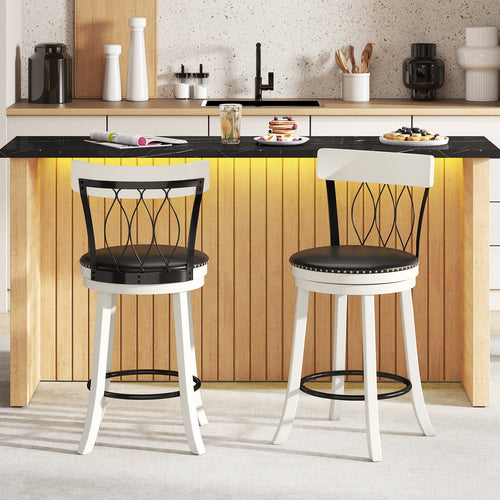 Set of 2 Bar Stools Swivel Bar Chairs with Footrest Rubber Wood Frame and Tufted Rivets-26 inches