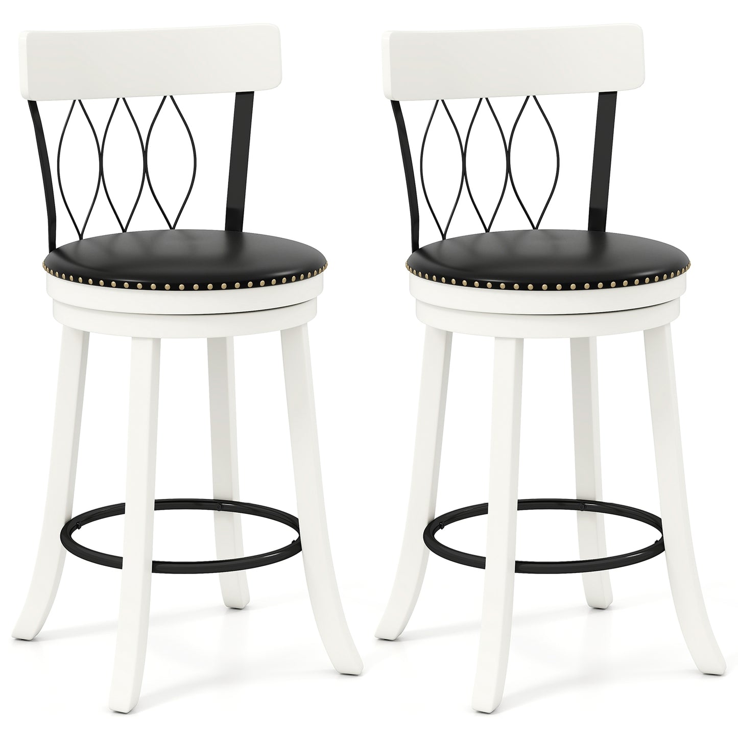 Set of 2 Bar Stools Swivel Bar Chairs with Footrest Rubber Wood Frame and Tufted Rivets-26 inches Bar Stools at Gallery Canada