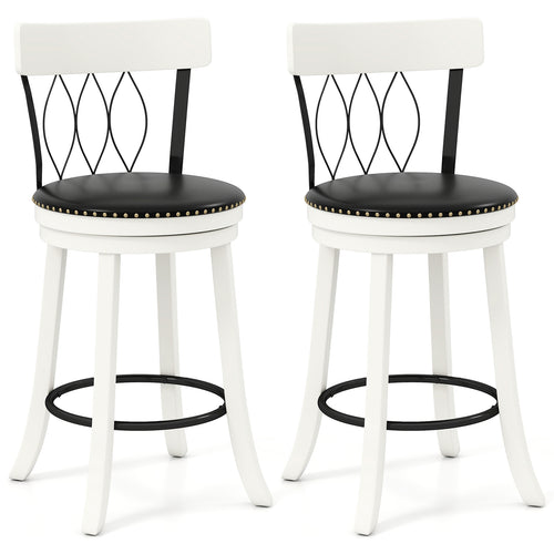 Set of 2 Bar Stools Swivel Bar Chairs with Footrest Rubber Wood Frame and Tufted Rivets-26 inches