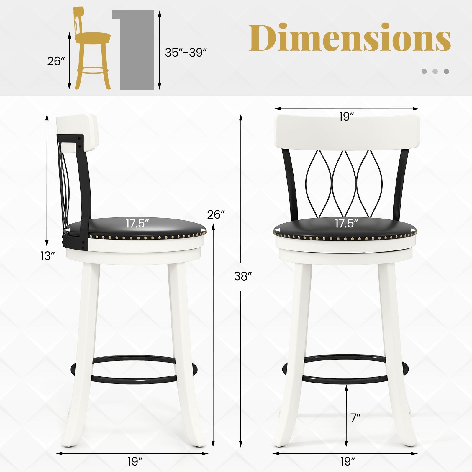 Set of 2 Bar Stools Swivel Bar Chairs with Footrest Rubber Wood Frame and Tufted Rivets-26 inches Bar Stools at Gallery Canada