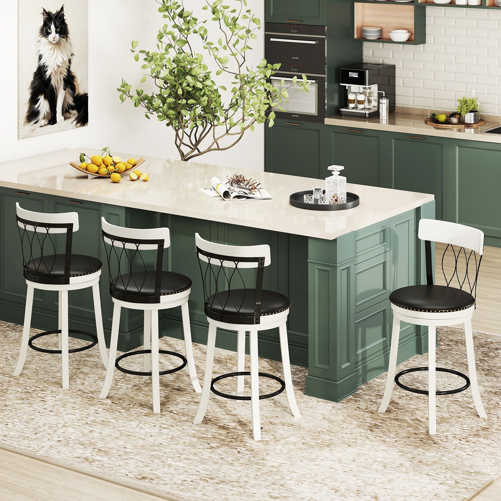 Set of 2 Bar Stools Swivel Bar Chairs with Footrest Rubber Wood Frame and Tufted Rivets-26 inches Bar Stools at Gallery Canada