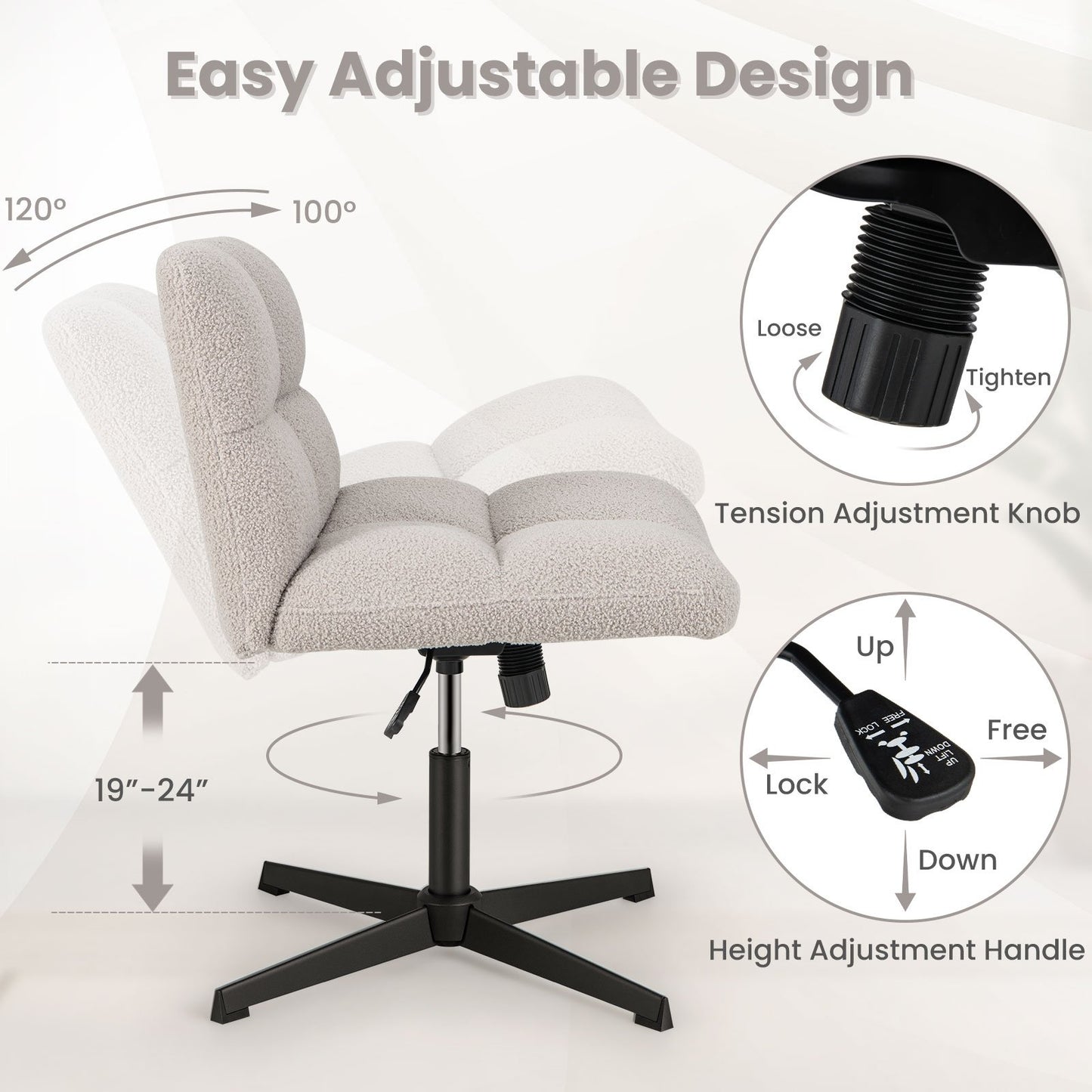 Office Armless Chair Cross Legged with Imitation Lamb Fleece and Adjustable Height, Gray