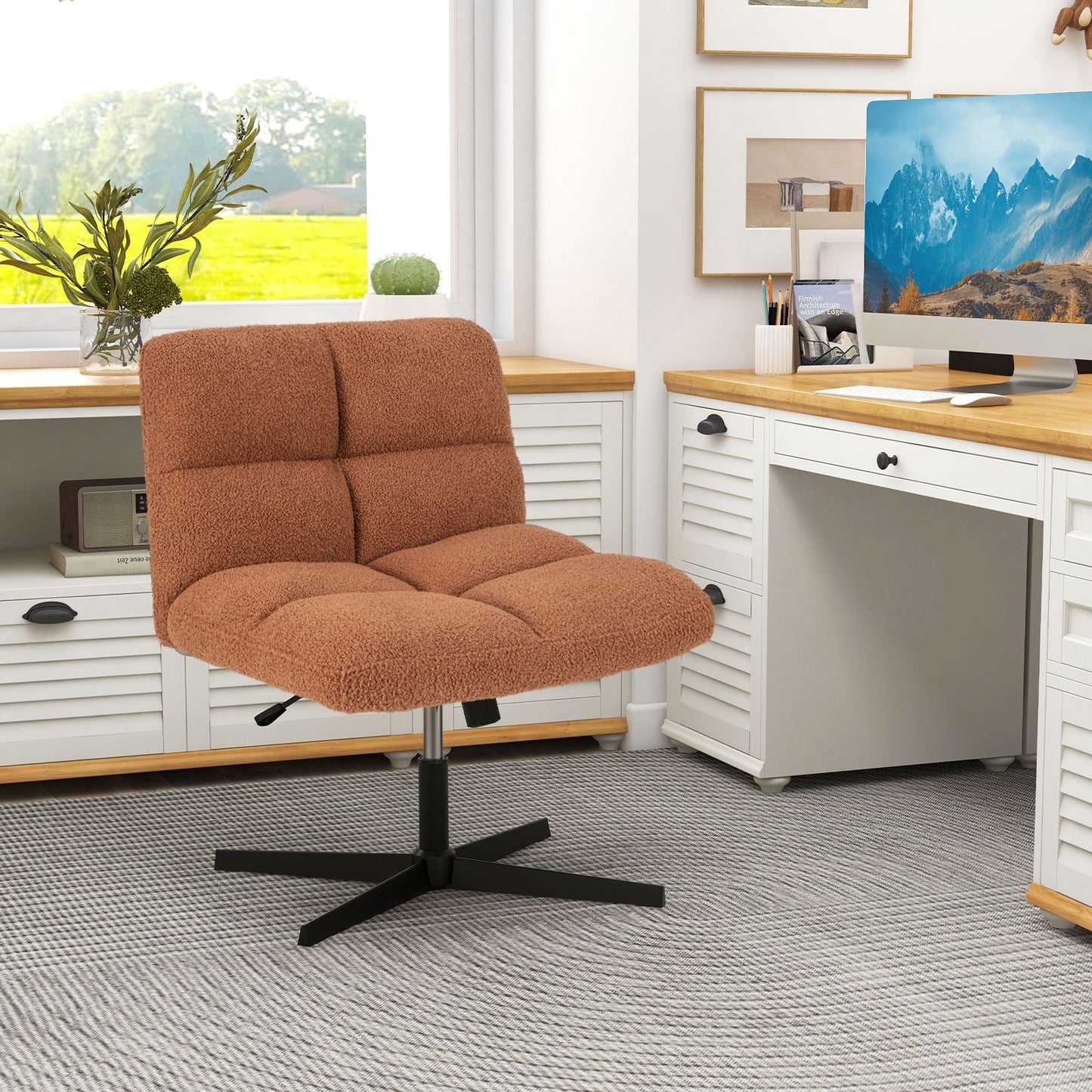 Office Armless Chair Cross Legged with Imitation Lamb Fleece and Adjustable Height, Brown