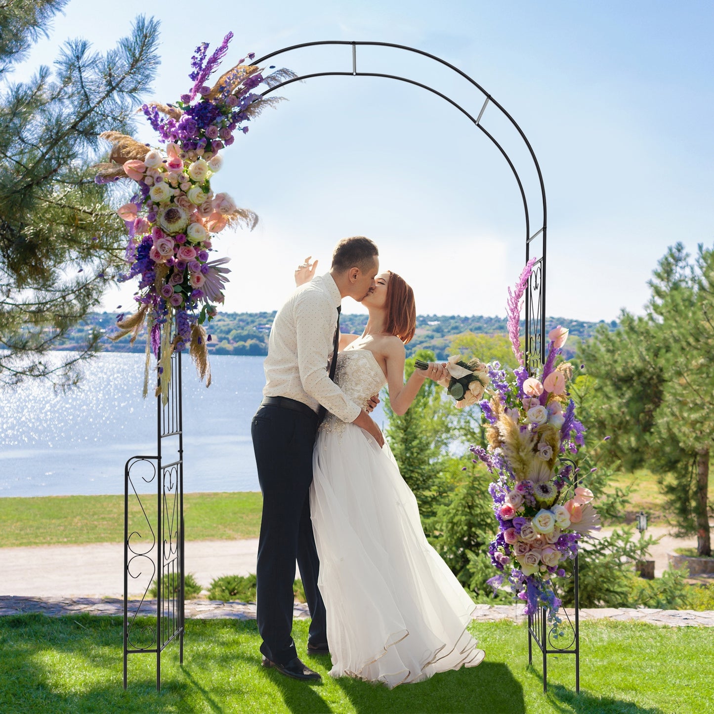 7.9 Feet Metal Garden Arch Backdrop Stand with Fence for Climbing Plants, Black Outdoor Decor at Gallery Canada