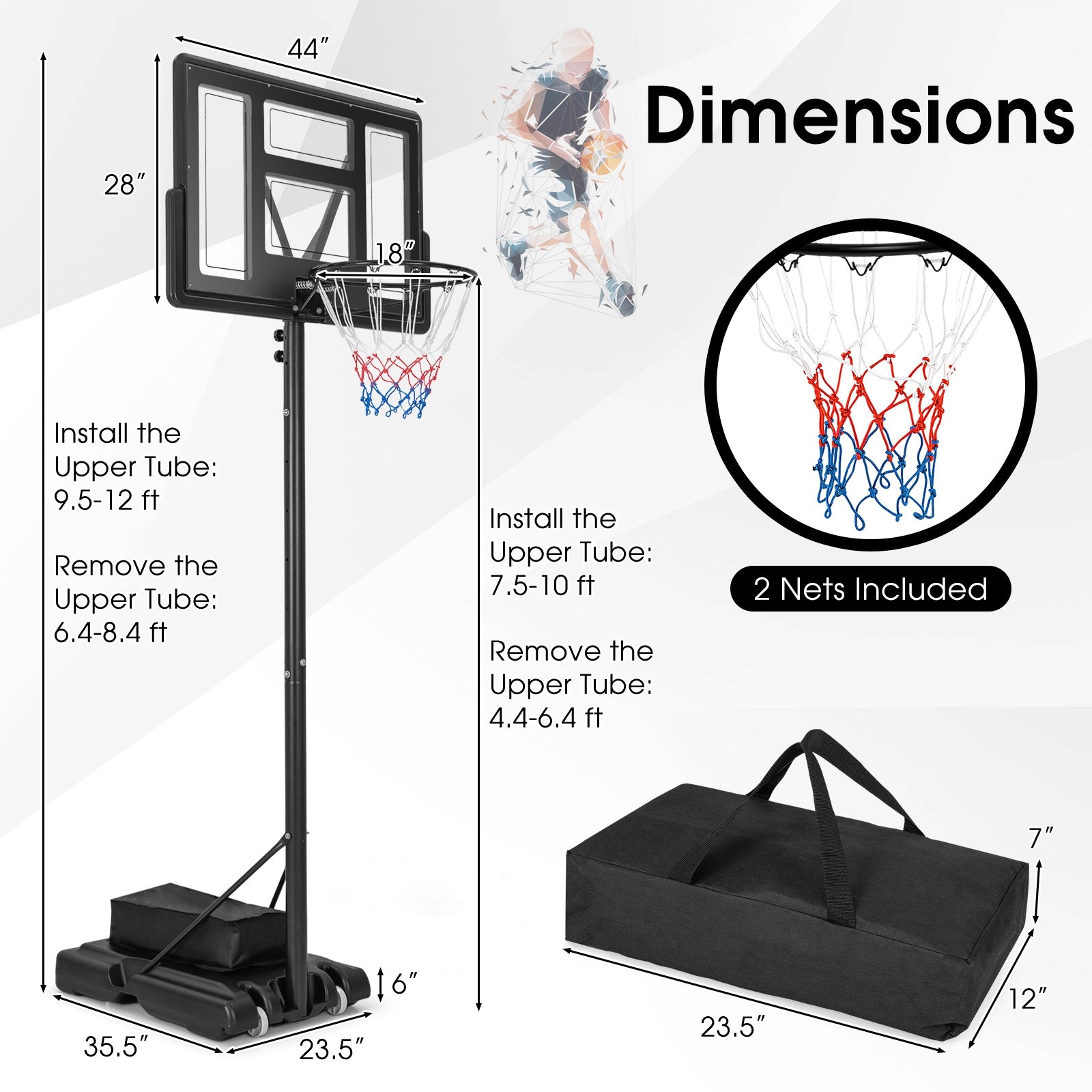 4.4-10 Feet Adjustable Basketball Hoop System with Weight Bag and 2 Nets, Black Sport Equipments at Gallery Canada