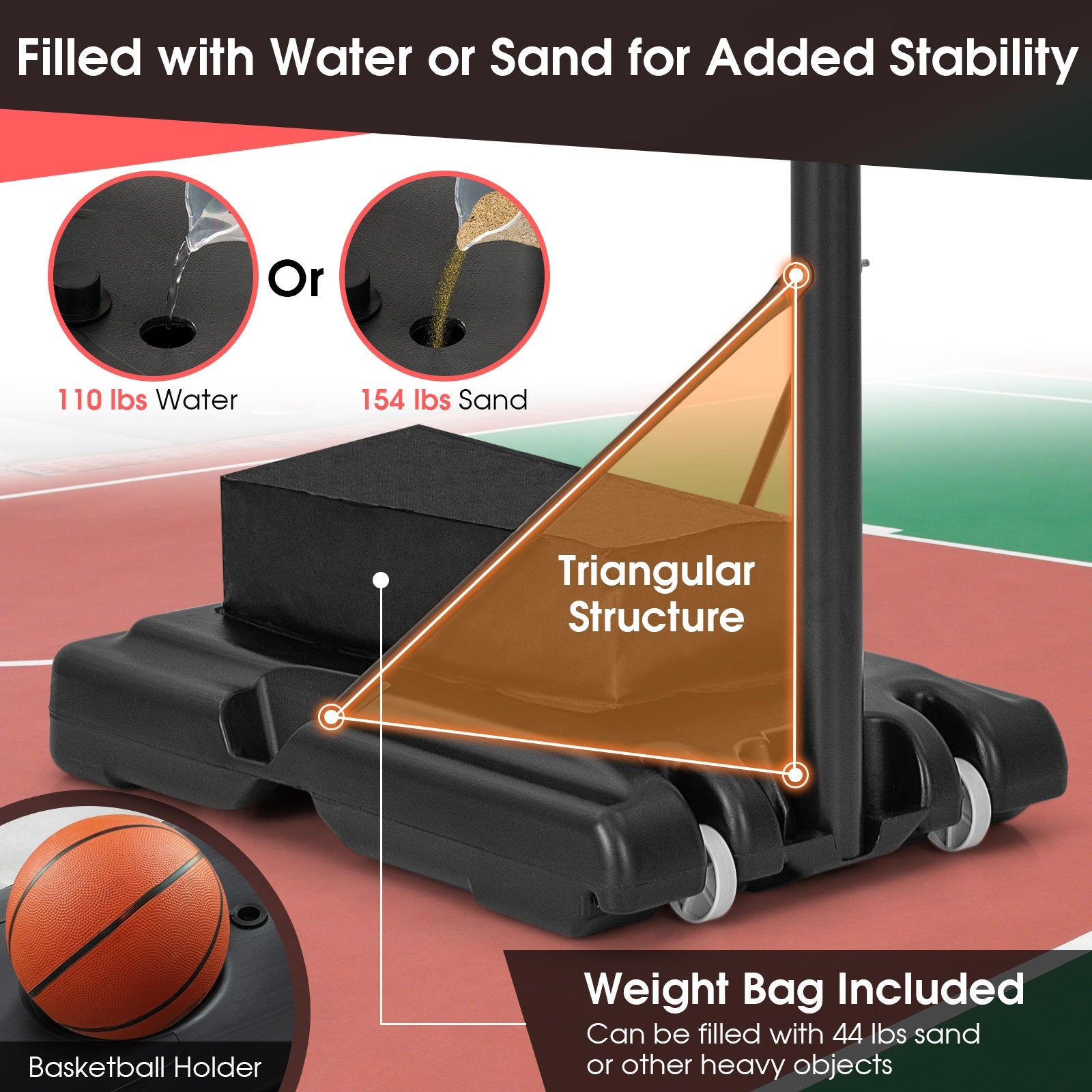 4.4-10 Feet Adjustable Basketball Hoop System with Weight Bag and 2 Nets, Black Sport Equipments at Gallery Canada