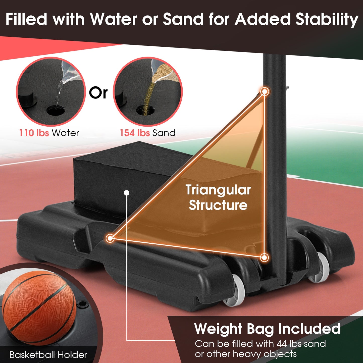 4.4-10 Feet Adjustable Basketball Hoop System with Weight Bag and 2 Nets, Black Sport Equipments at Gallery Canada