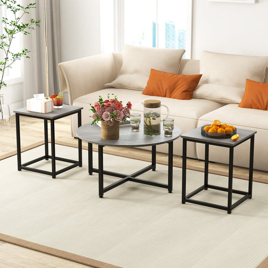3-Piece Coffee Table Set Round Coffee Table and 2PCS Square End Tables, Gray Coffee Tables Gray at Gallery Canada