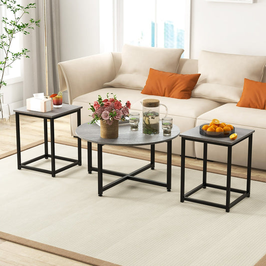 3-Piece Coffee Table Set Round Coffee Table and 2PCS Square End Tables, Gray - Gallery Canada