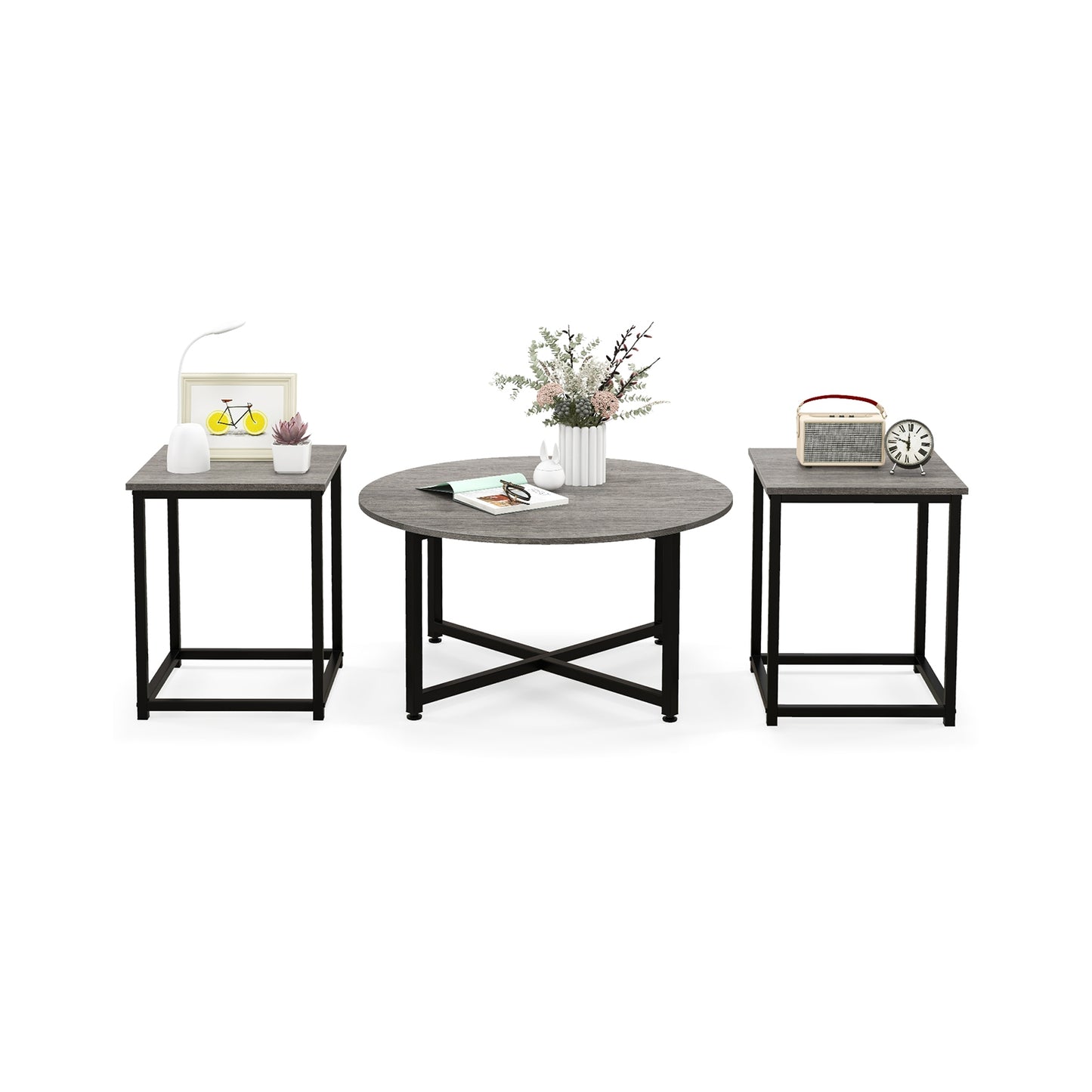 3-Piece Coffee Table Set Round Coffee Table and 2PCS Square End Tables, Gray Coffee Tables at Gallery Canada