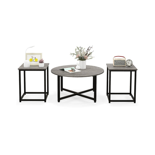 3-Piece Coffee Table Set, Round And 2 Square End Tables, Gray