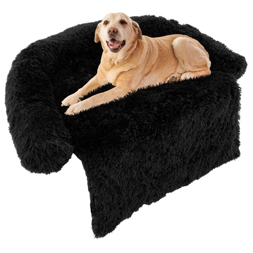 Plush Calming Dog Couch Bed with Anti-Slip Bottom-L, Black