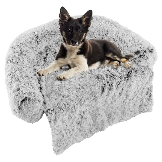Plush Calming Dog Couch Bed, Anti-Slip Bottom, M, White