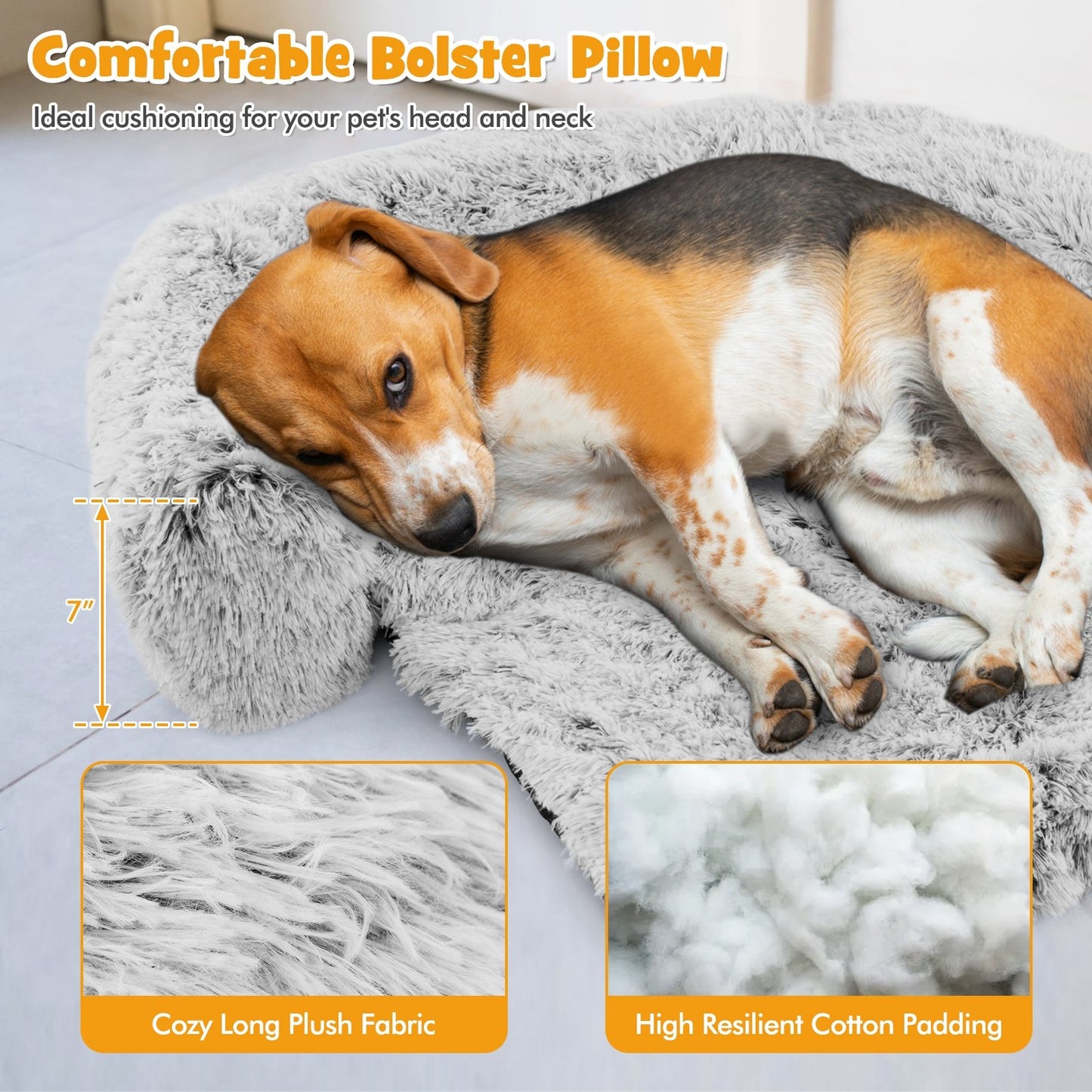 White Plush Calming Dog Couch Bed with Anti-Slip Bottom-M, White