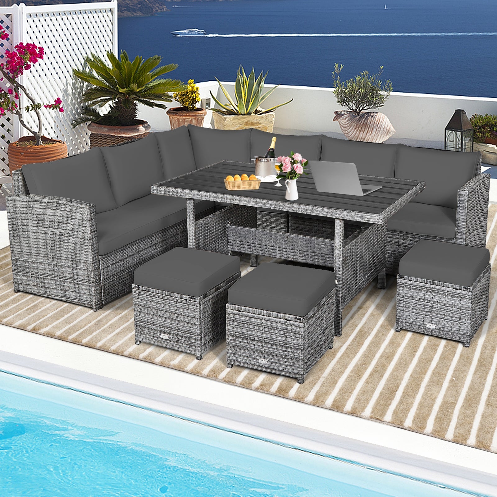 7 Pieces Patio Rattan Dining Furniture Sectional Sofa Set with Wicker Ottoman, Gray Outdoor Sectionals at Gallery Canada
