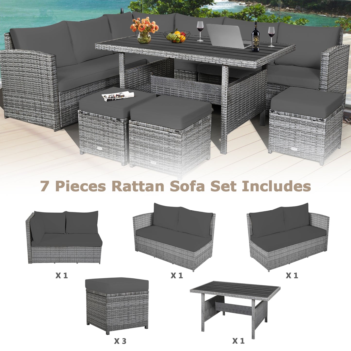 7 Pieces Patio Rattan Dining Furniture Sectional Sofa Set with Wicker Ottoman, Gray Outdoor Sectionals at Gallery Canada