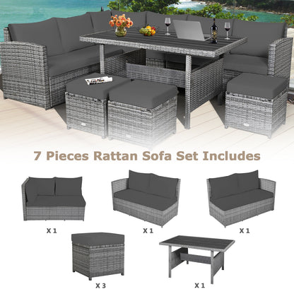 7 Pieces Patio Rattan Dining Furniture Sectional Sofa Set with Wicker Ottoman, Gray Outdoor Sectionals at Gallery Canada