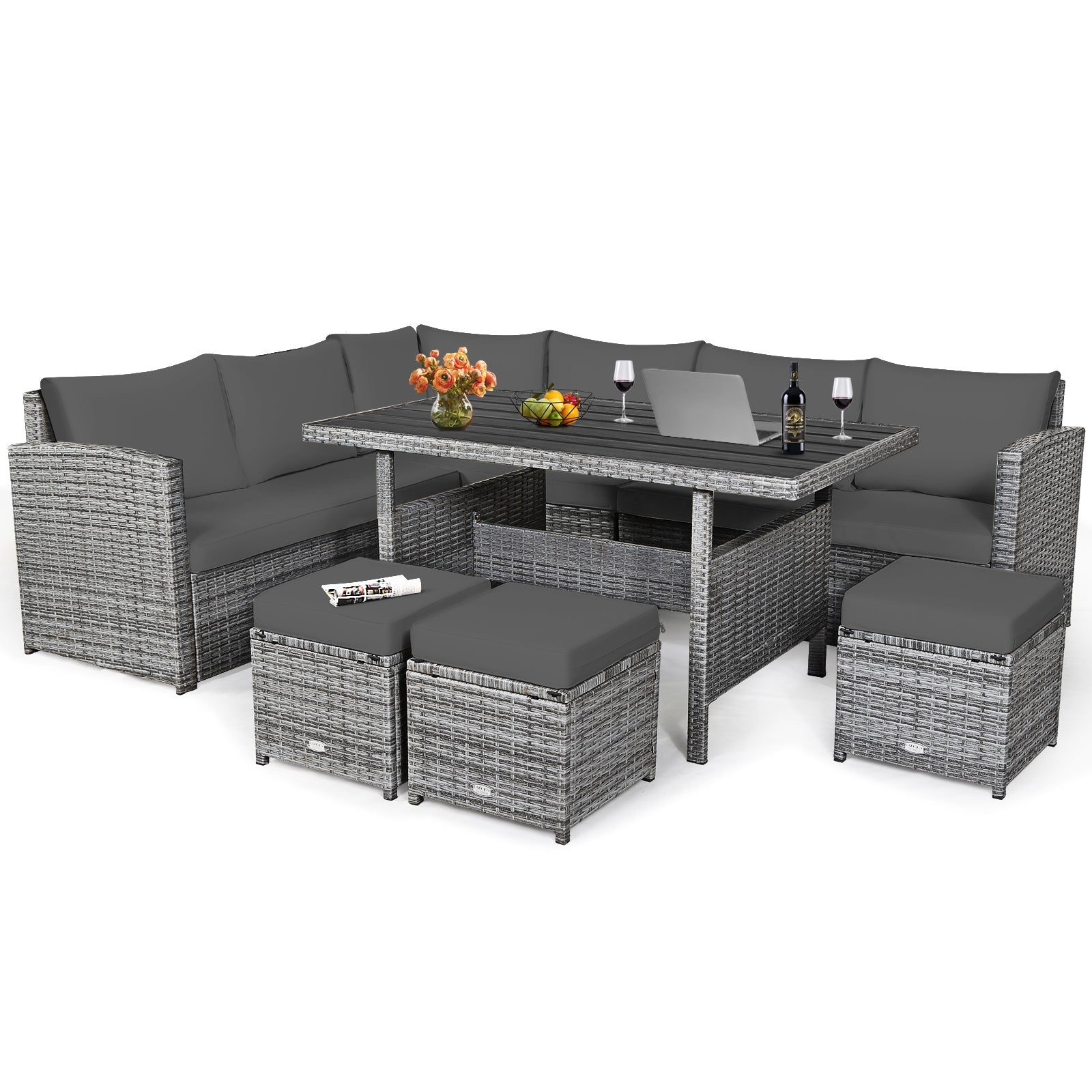 7 Pieces Patio Rattan Dining Furniture Sectional Sofa Set with Wicker Ottoman, Gray Outdoor Sectionals Gray at Gallery Canada