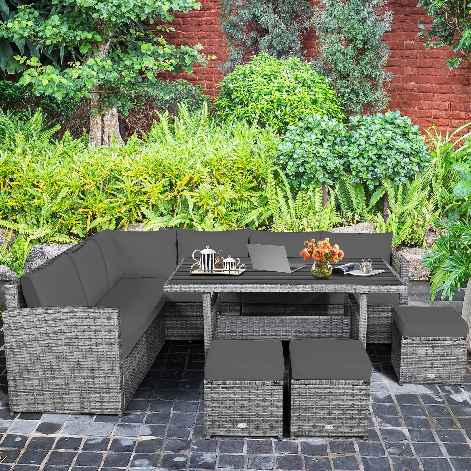 7 Pieces Patio Rattan Dining Furniture Sectional Sofa Set with Wicker Ottoman, Gray Outdoor Sectionals at Gallery Canada