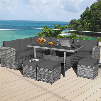7 Pieces Patio Rattan Dining Furniture Sectional Sofa Set with Wicker Ottoman, Gray Outdoor Sectionals at Gallery Canada
