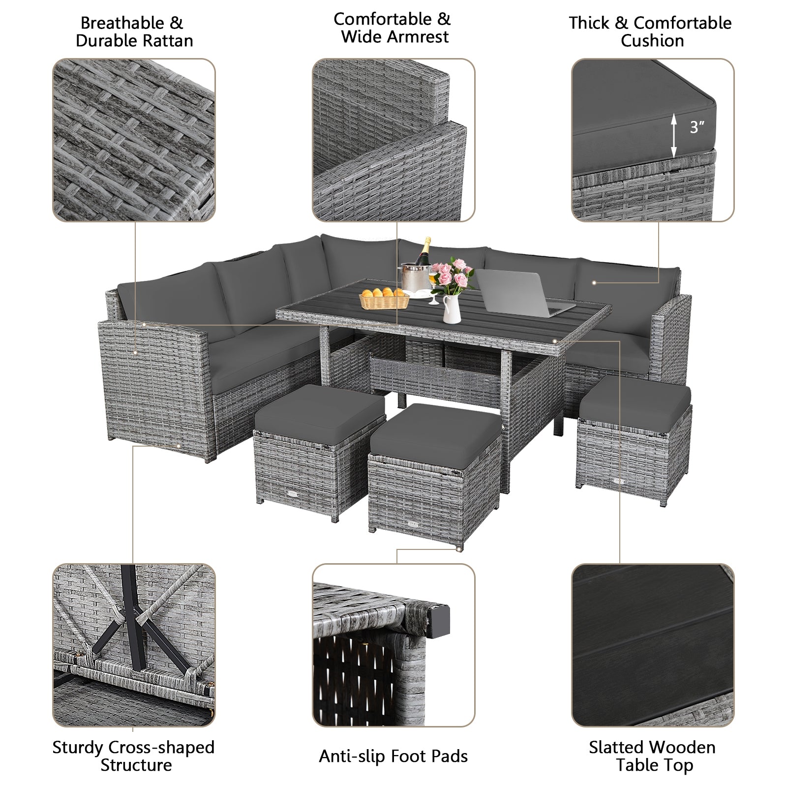 7 Piece Patio Rattan Dining Furniture Set, Sectional Sofa With Ottoman, Gray Outdoor Sectionals at Gallery Canada