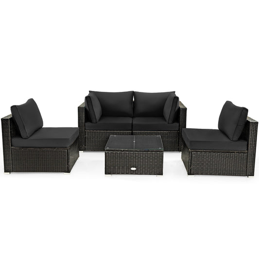 5 Pieces Cushioned Patio Rattan Furniture Set with Glass Table, Black Outdoor Sectionals Black at Gallery Canada