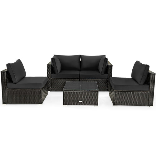5-Piece Rattan Patio Set, Glass Table, Black