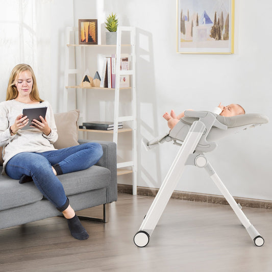 Foldable Feeding Sleep Playing High Chair with Recline Backrest for Babies and Toddlers, Light Gray - Gallery Canada