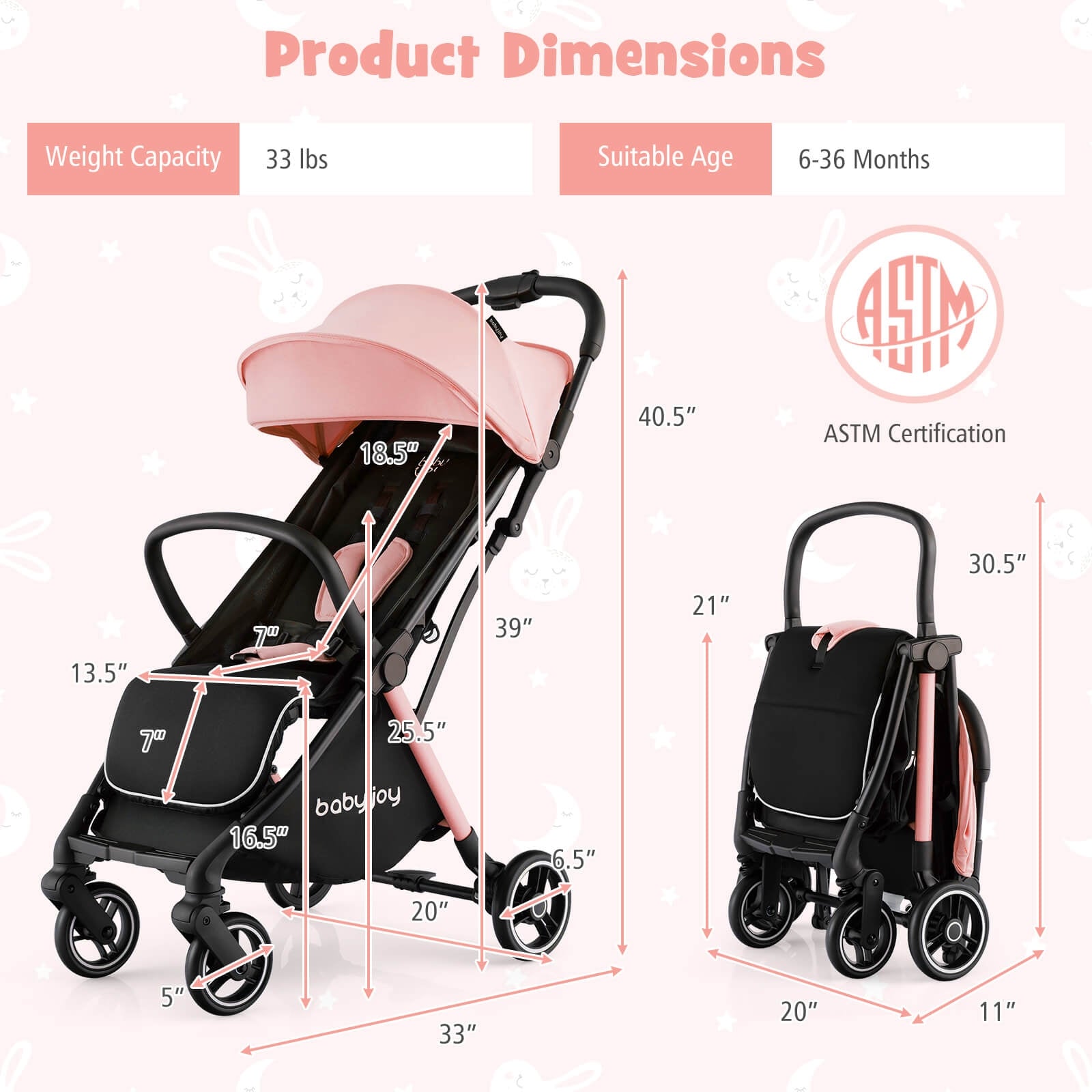 One-Hand Folding Portable Lightweight Baby Stroller with Aluminum Frame, Pink Baby Strollers at Gallery Canada
