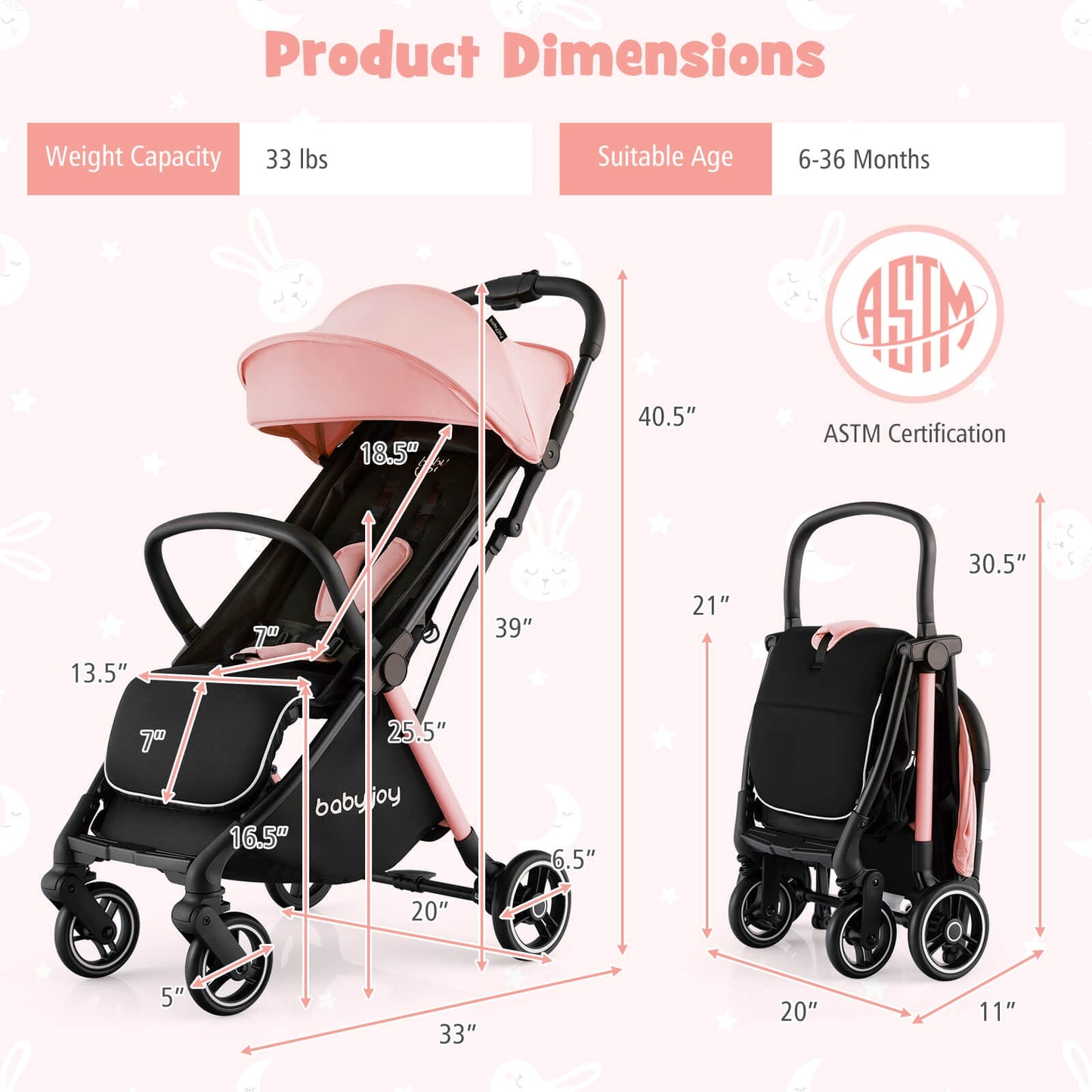 One-Hand Folding Portable Lightweight Baby Stroller with Aluminum Frame, Pink Baby Strollers at Gallery Canada