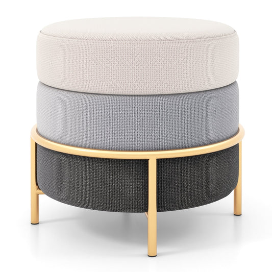 Upholstered Linen Fabric Ottoman with Gold Metal Legs and Anti-slip Foot Pads, Gray