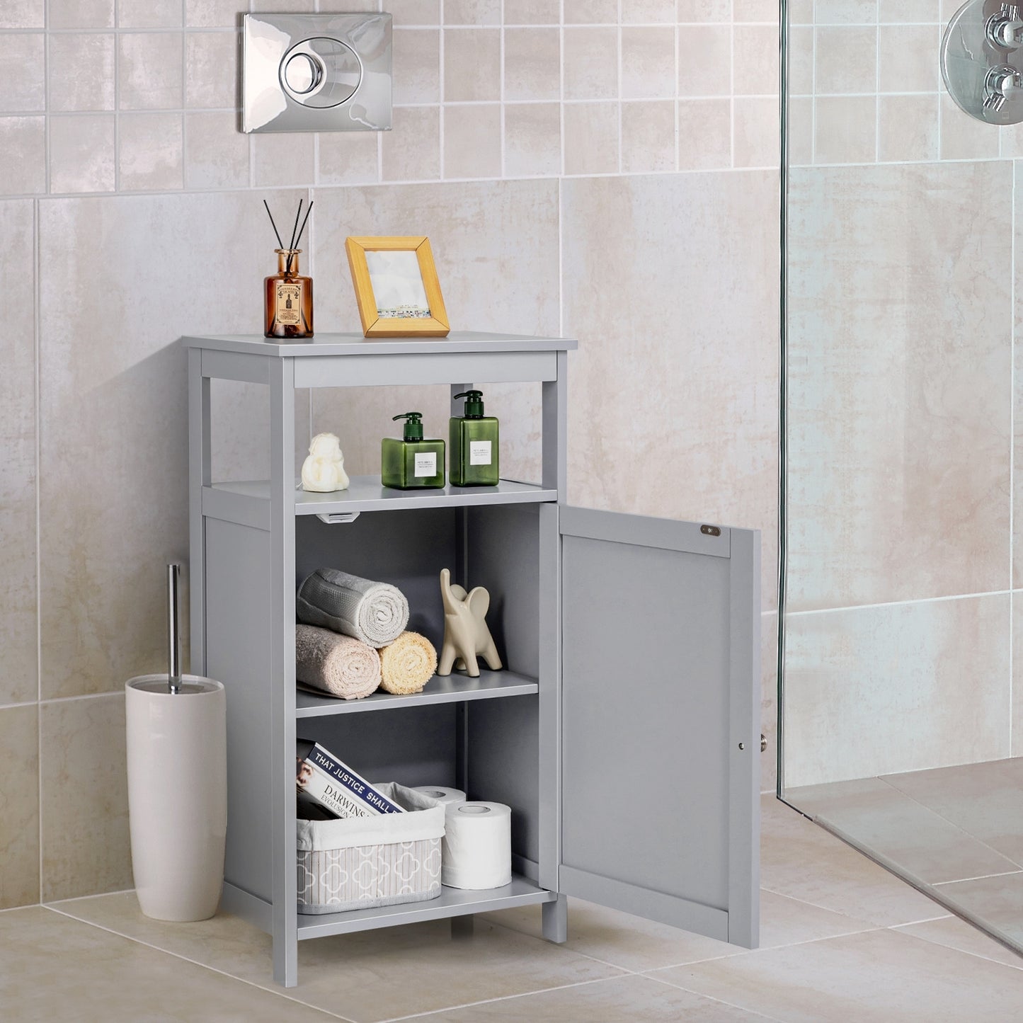 Bathroom Wooden Floor Cabinet with Multifunction Storage Rack, Gray Floor Cabinets at Gallery Canada