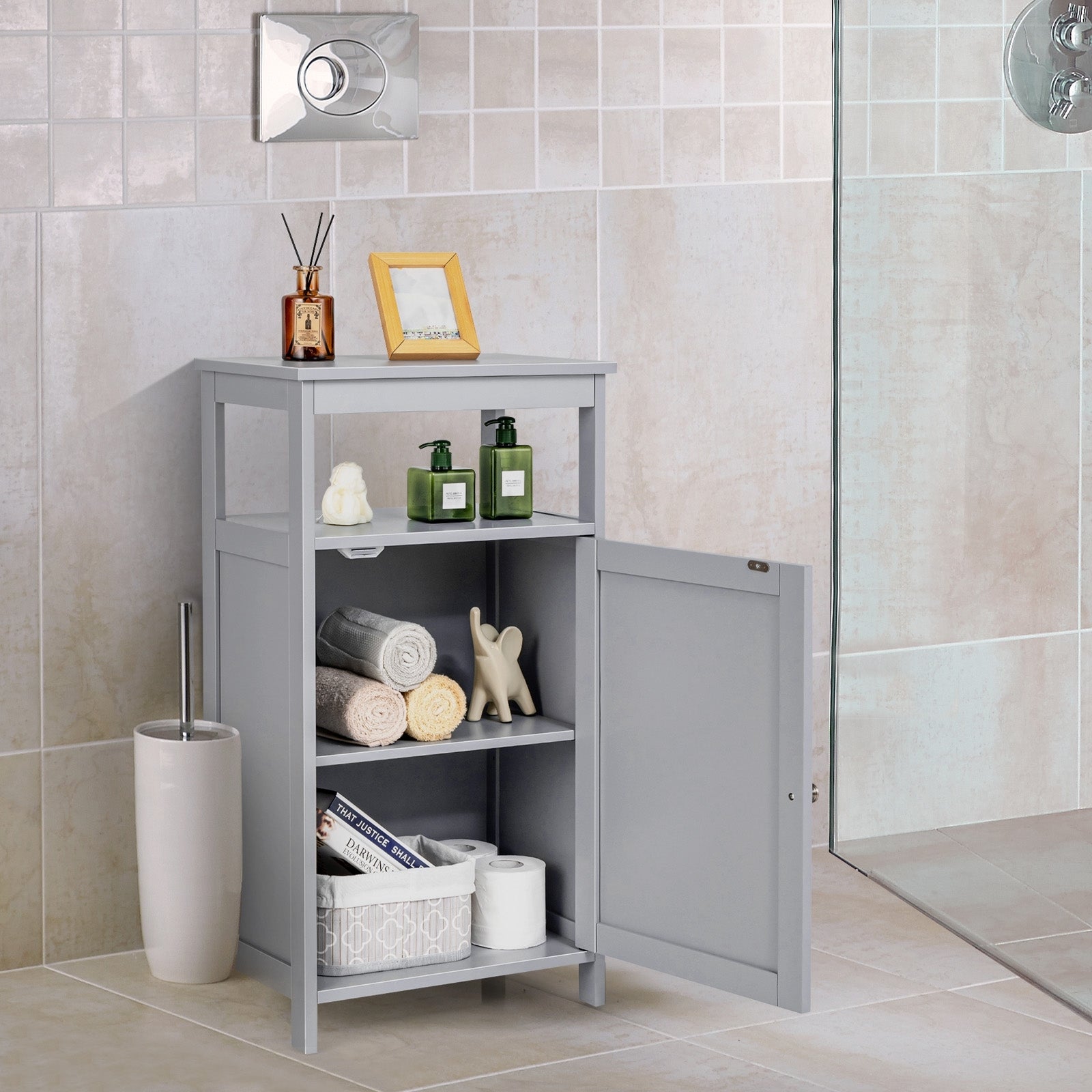 Bathroom Wooden Floor Cabinet with Multifunction Storage Rack, Gray Floor Cabinets at Gallery Canada