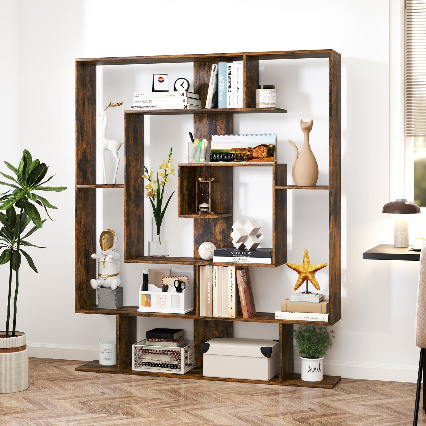 7-Tier Bookshelf Open Display Shelf Rack for Home Office, Rustic Brown Bookcases at Gallery Canada