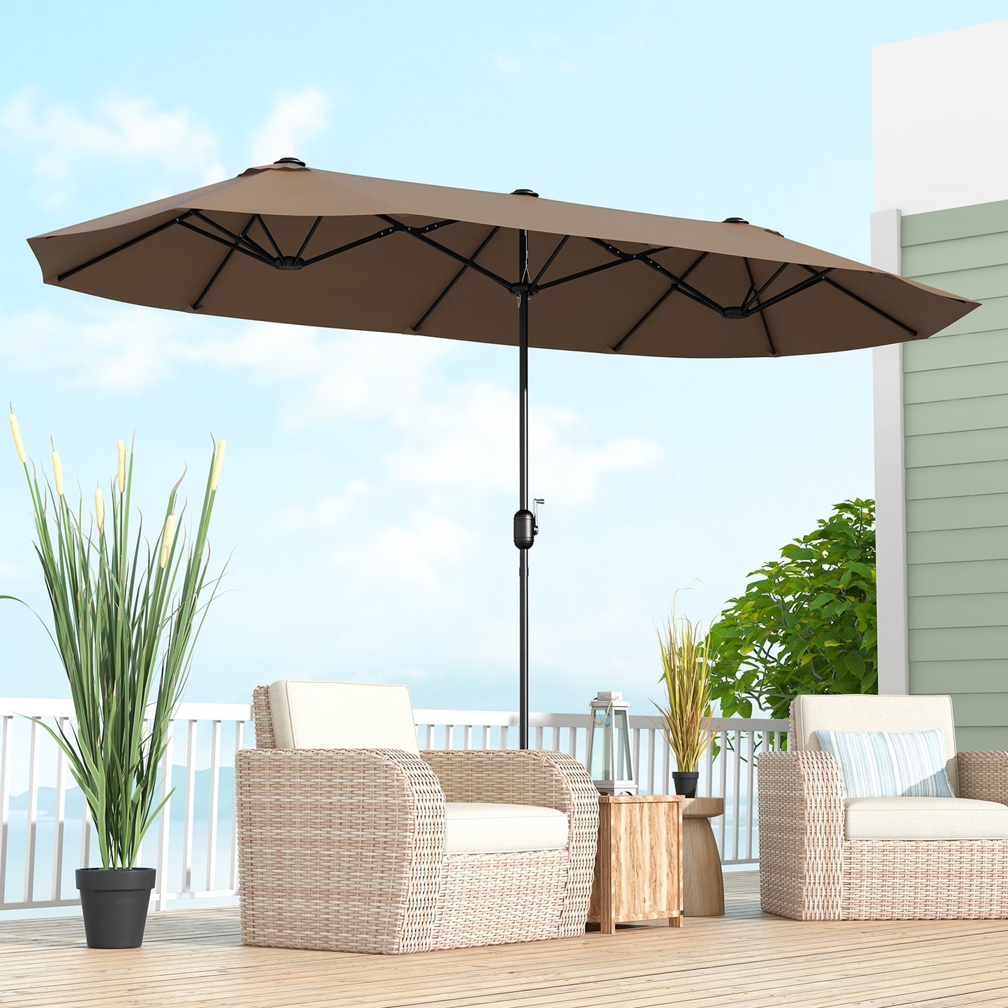 13 FT Double-sided Patio Twin Table Umbrella with Crank Handle, Tan Outdoor Umbrellas at Gallery Canada