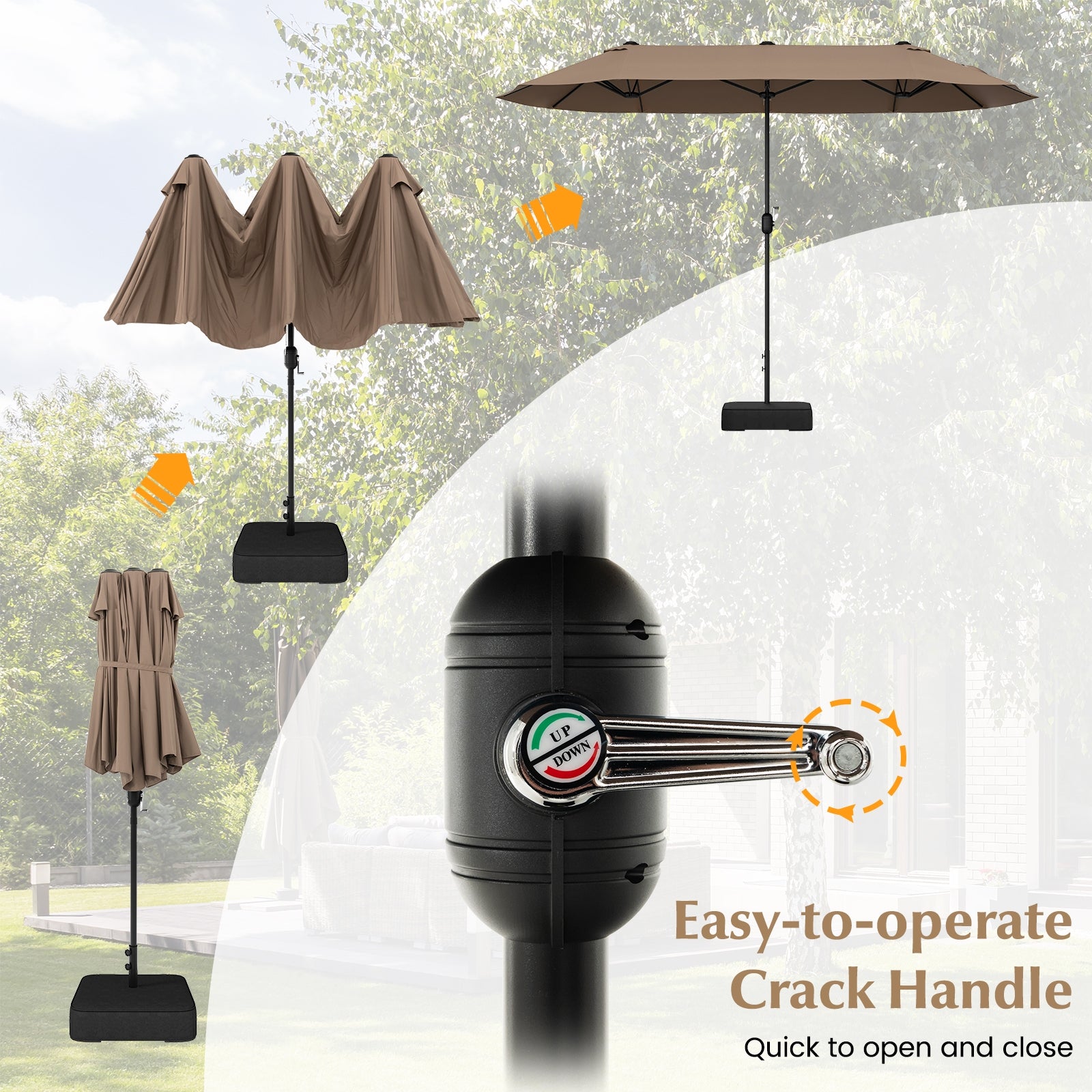 13 FT Double-sided Patio Twin Table Umbrella with Crank Handle, Tan Outdoor Umbrellas at Gallery Canada