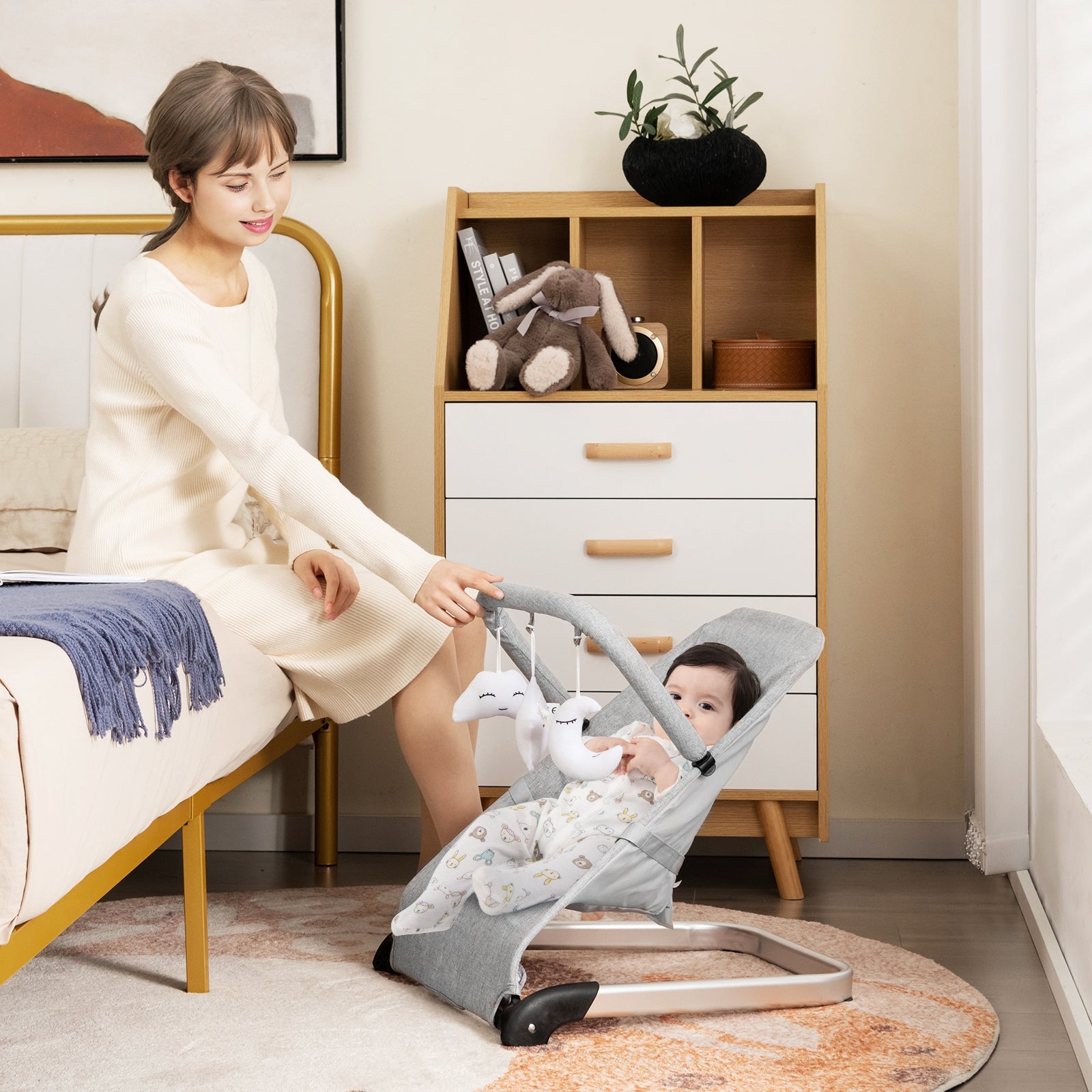 Foldable Baby Bouncer with Removable Fabric Cover and Toy Bar, Gray Baby Bouncer & Rocker at Gallery Canada