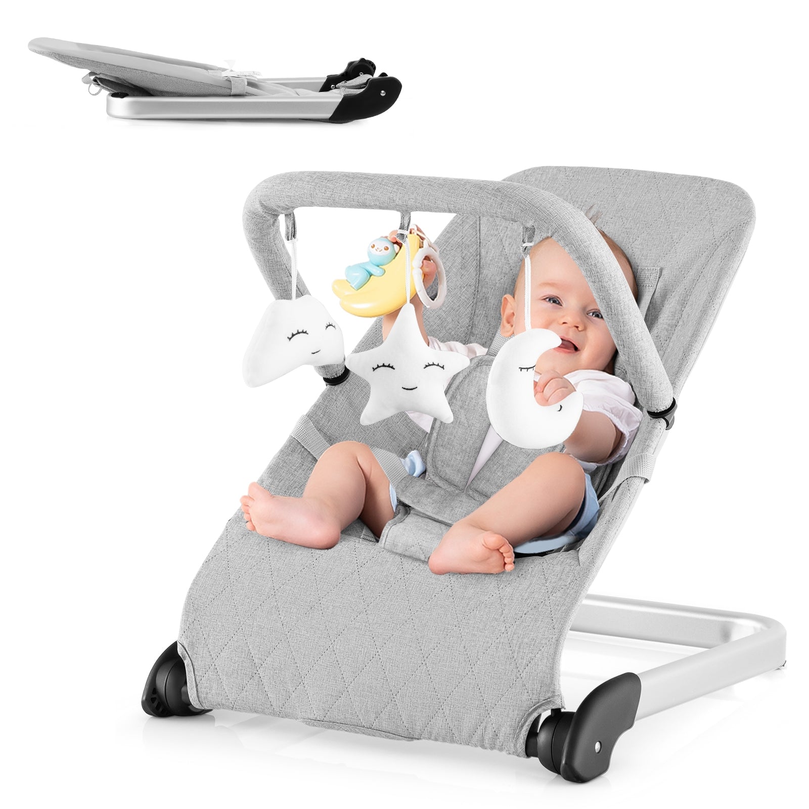 Foldable Baby Bouncer with Removable Fabric Cover and Toy Bar, Gray Baby Bouncer & Rocker at Gallery Canada