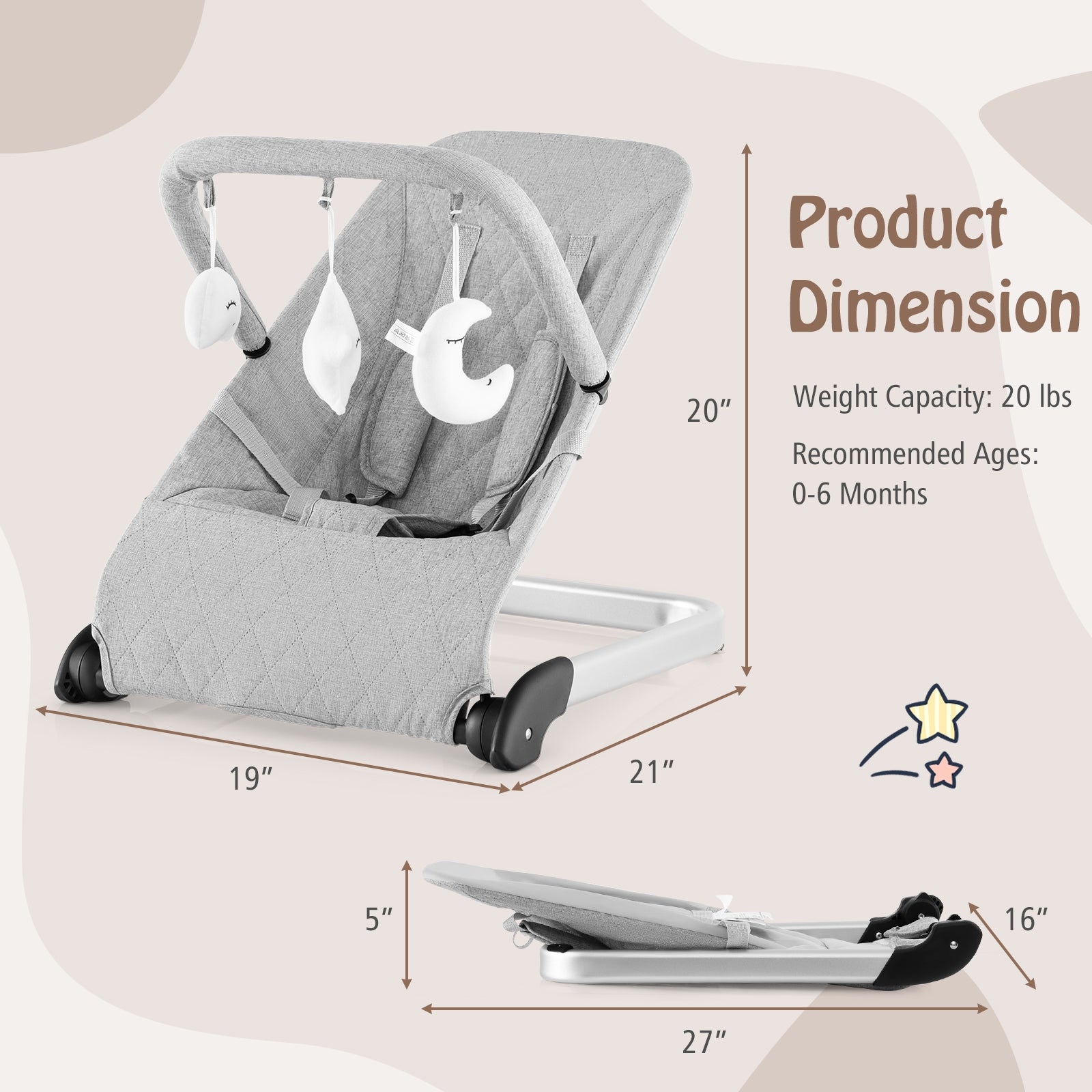 Foldable Baby Bouncer with Removable Fabric Cover and Toy Bar, Gray Baby Bouncer & Rocker at Gallery Canada