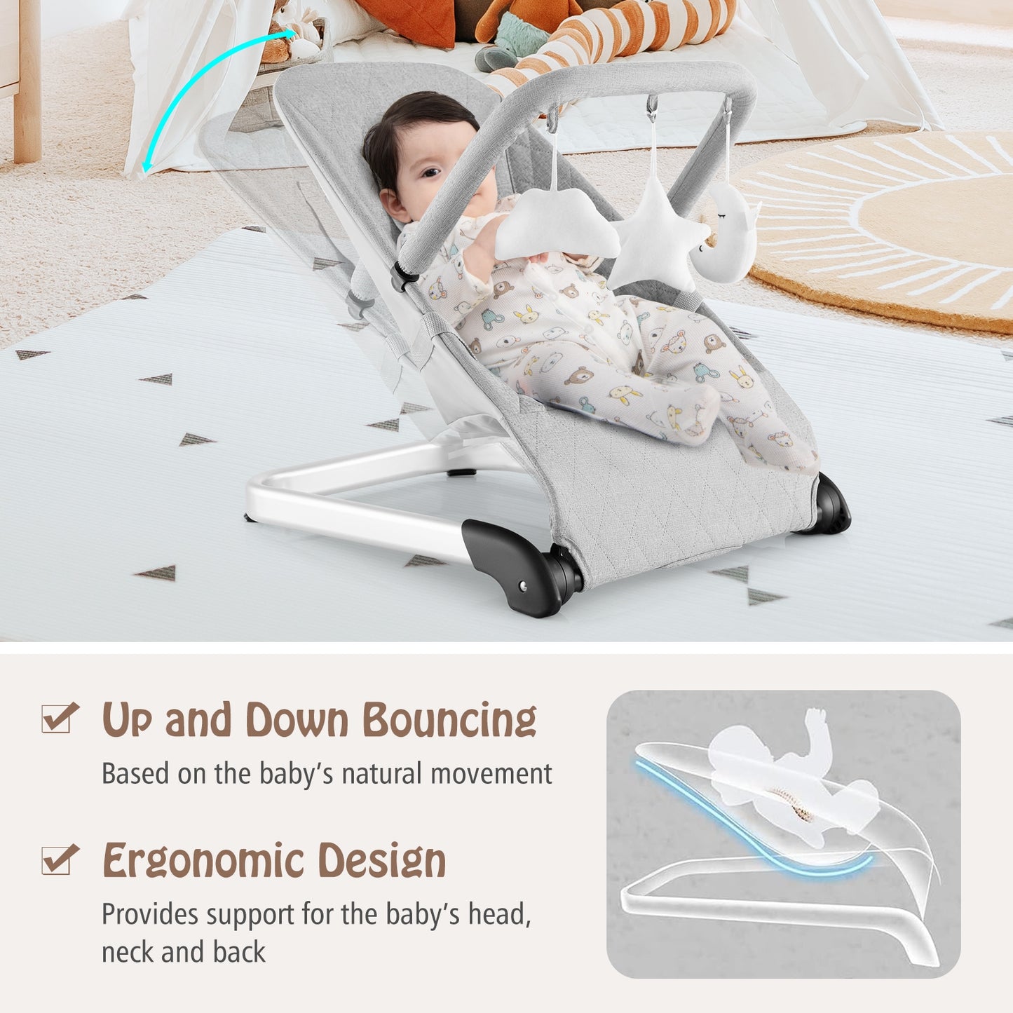 Foldable Baby Bouncer with Removable Fabric Cover and Toy Bar, Gray Baby Bouncer & Rocker at Gallery Canada