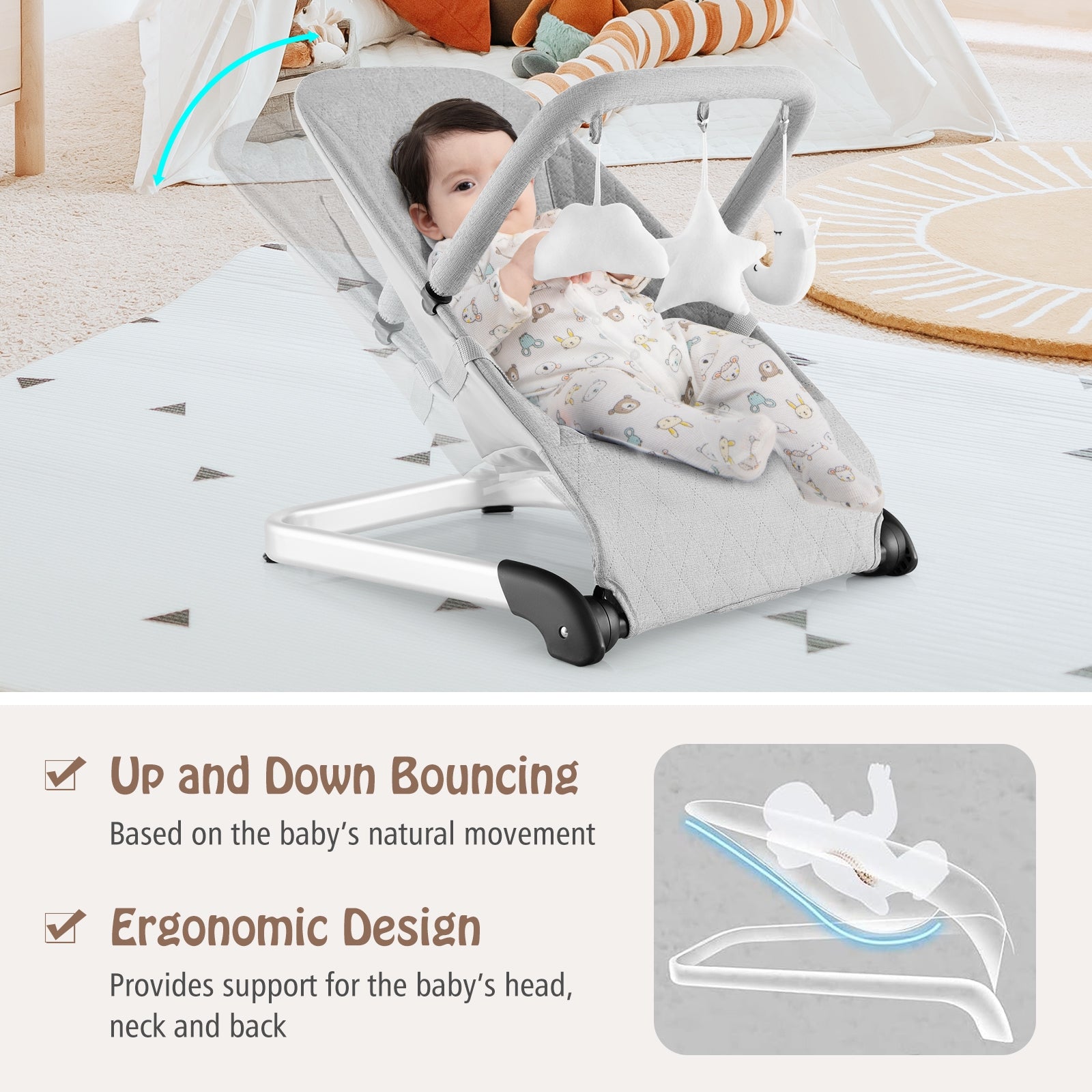 Foldable Baby Bouncer with Removable Fabric Cover and Toy Bar, Gray Baby Bouncer & Rocker at Gallery Canada