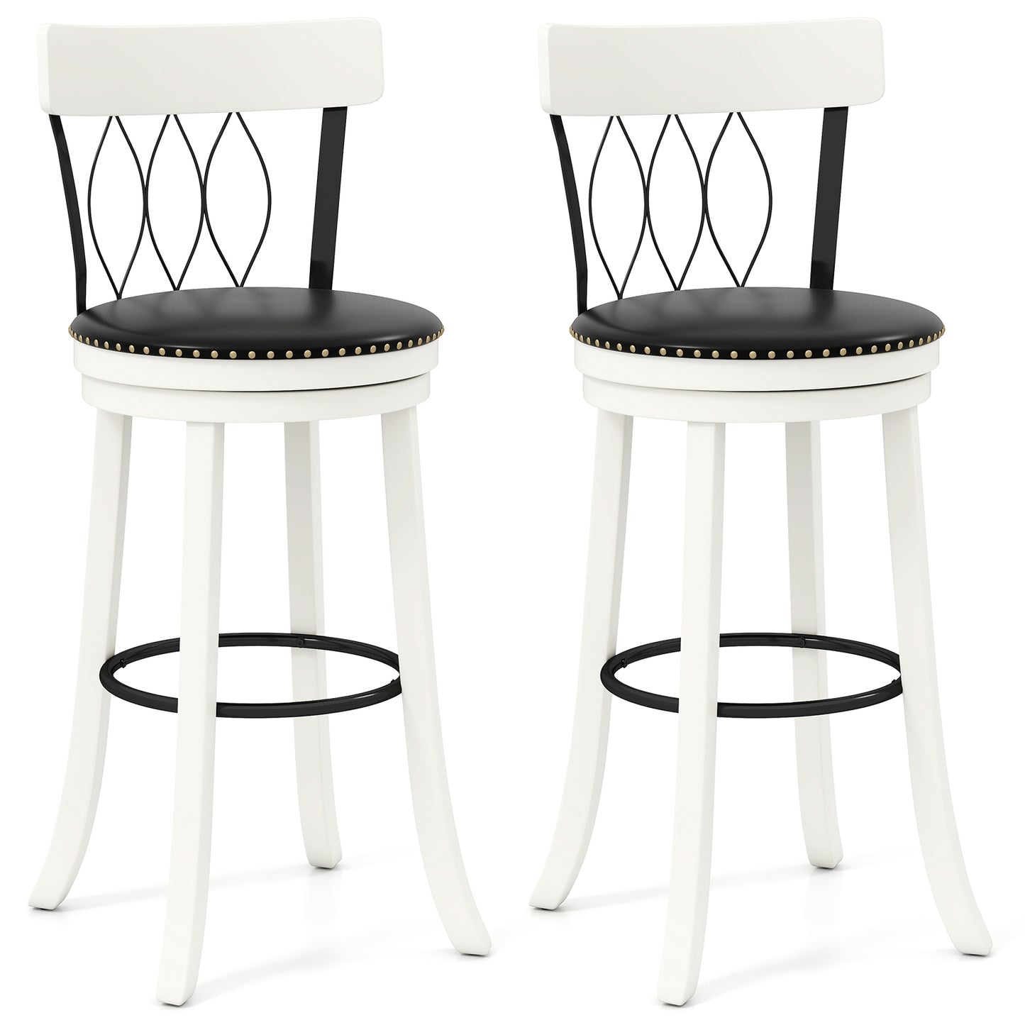 Set of 2 Bar Stools Swivel Bar Chairs with Footrest Rubber Wood Frame and Tufted Rivets-30 inches Bar Stools at Gallery Canada