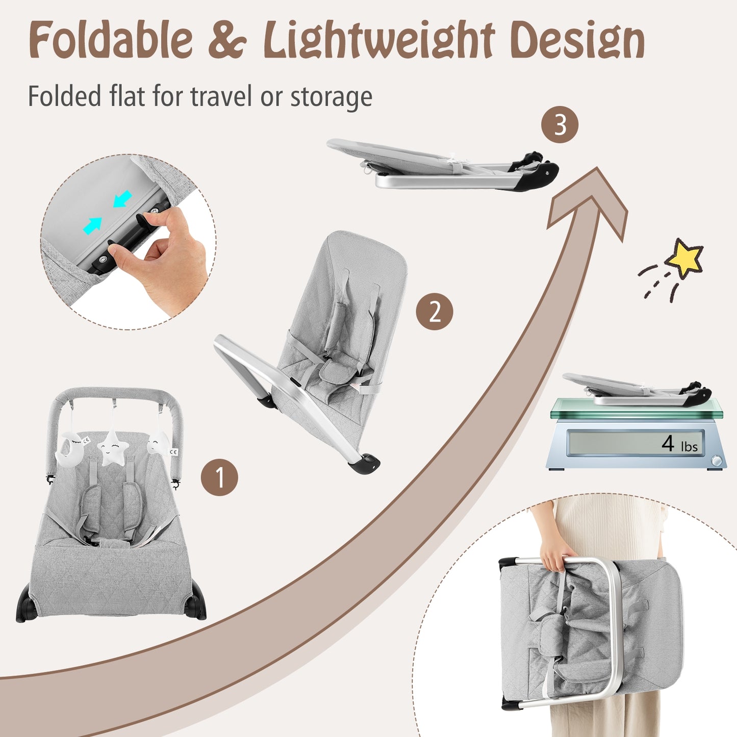 Foldable Baby Bouncer with Removable Fabric Cover and Toy Bar, Gray Baby Bouncer & Rocker at Gallery Canada