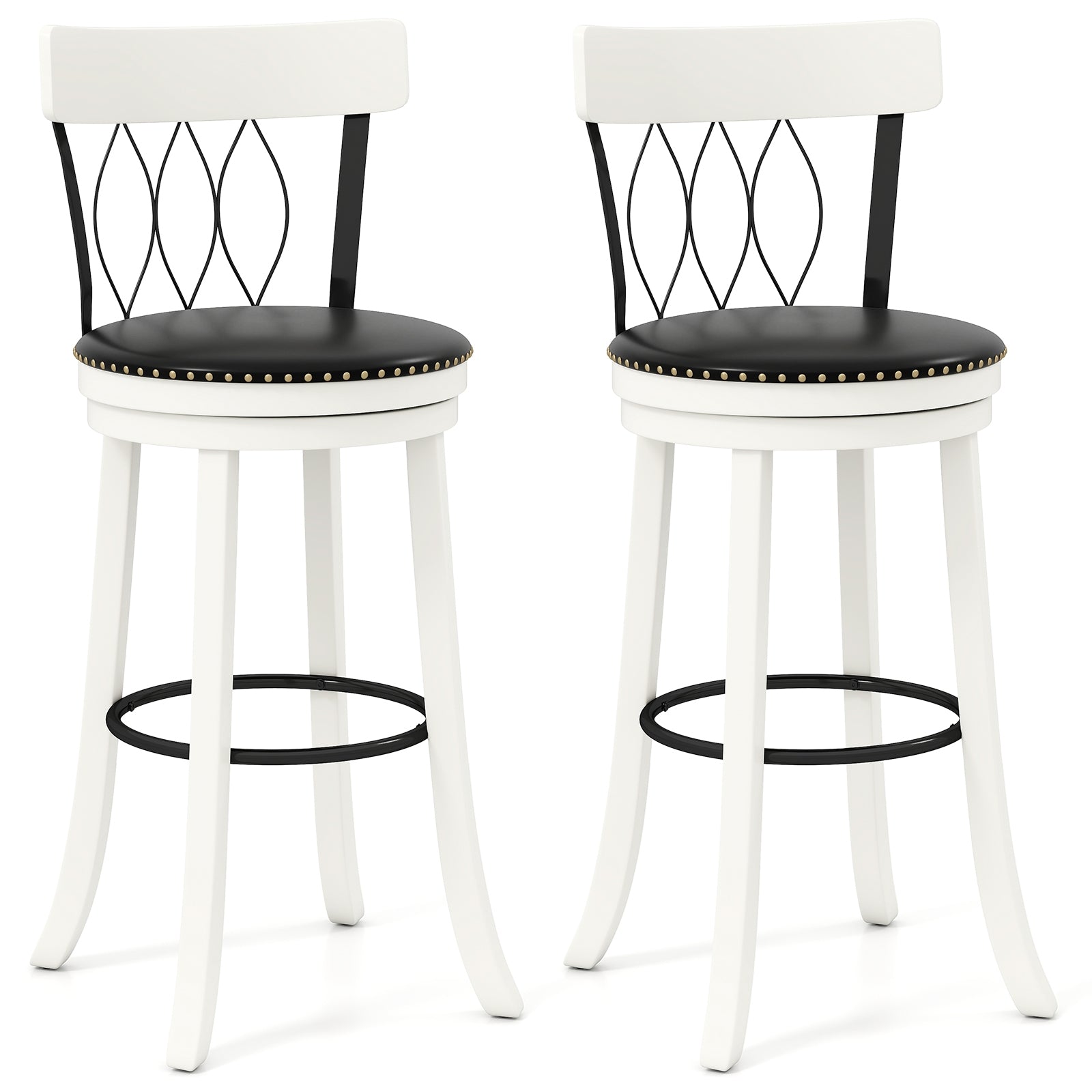 Set of 2 Bar Stools Swivel Bar Chairs with Footrest Rubber Wood Frame and Tufted Rivets-30 inches Bar Stools Options at Gallery Canada