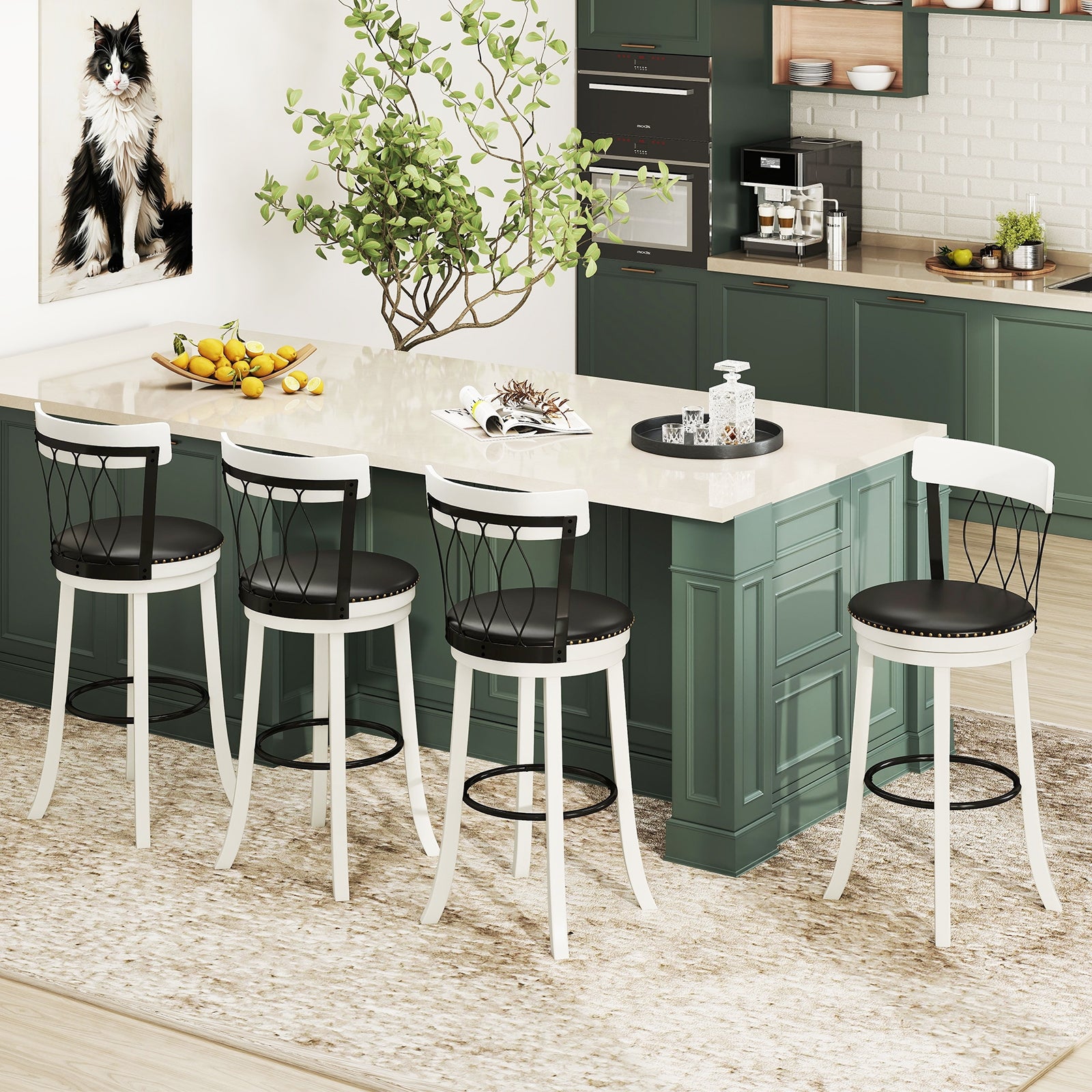 Set of 2 Bar Stools Swivel Bar Chairs with Footrest Rubber Wood Frame and Tufted Rivets-30 inches Bar Stools at Gallery Canada