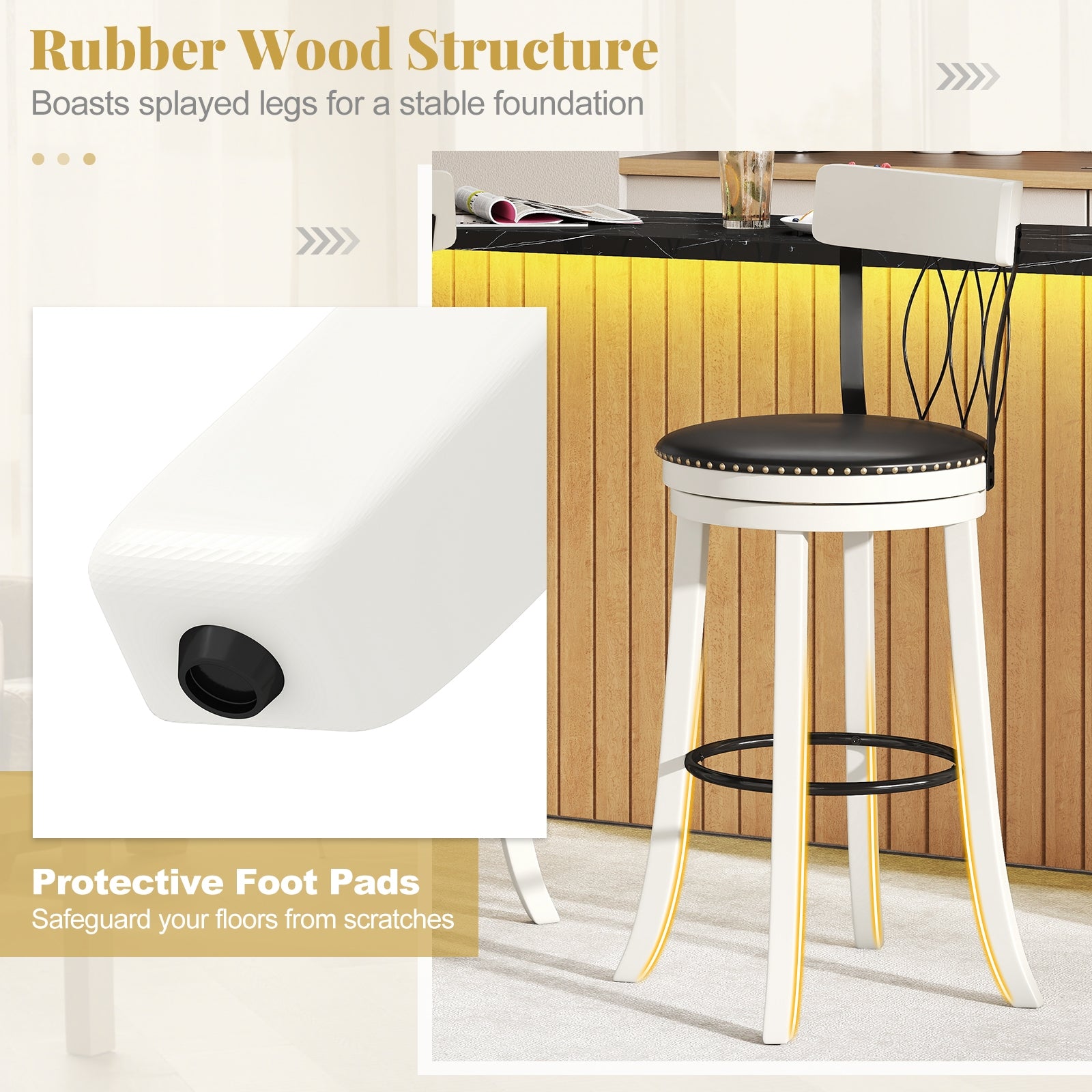 Set of 2 Bar Stools Swivel Bar Chairs with Footrest Rubber Wood Frame and Tufted Rivets-30 inches Bar Stools at Gallery Canada