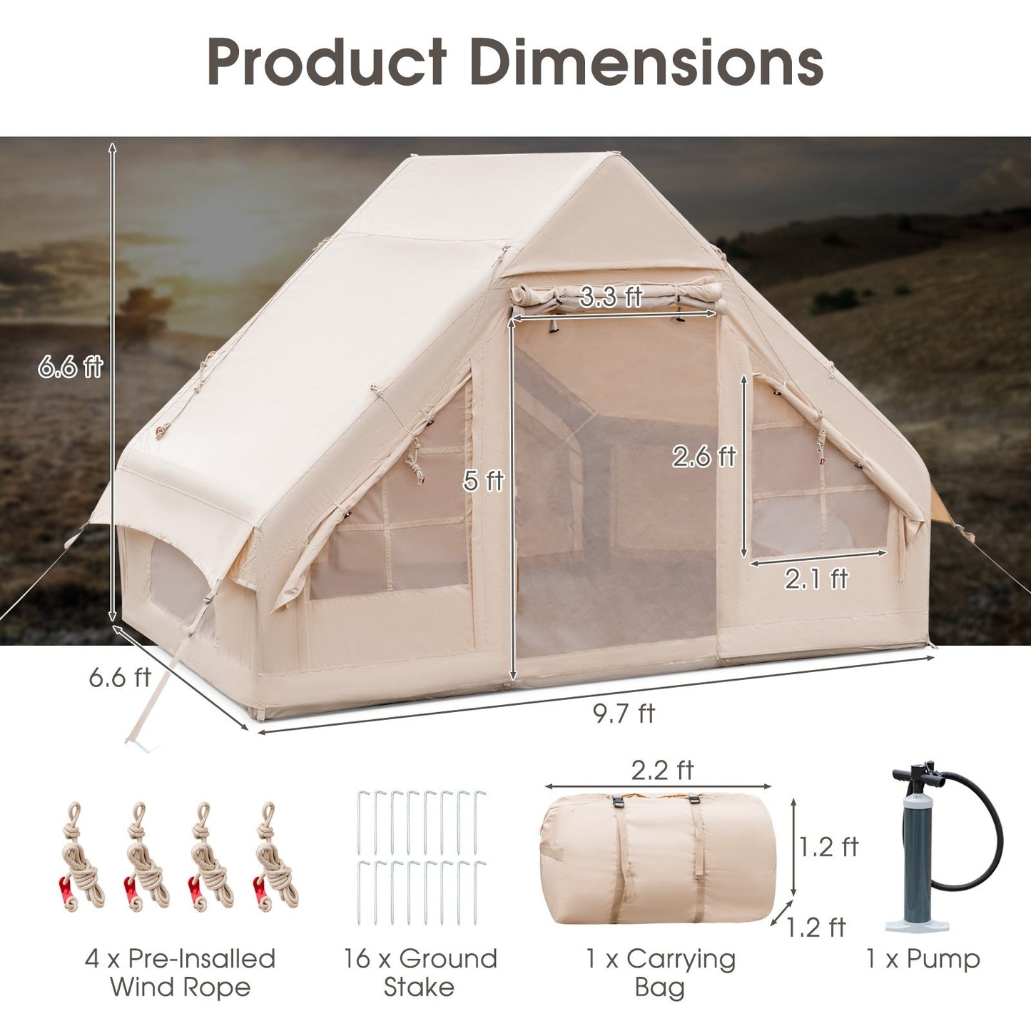 Inflatable Camping Tent 2/4/6 People Glamping Tent for Family Camping with Pump, Beige Canopies at Gallery Canada