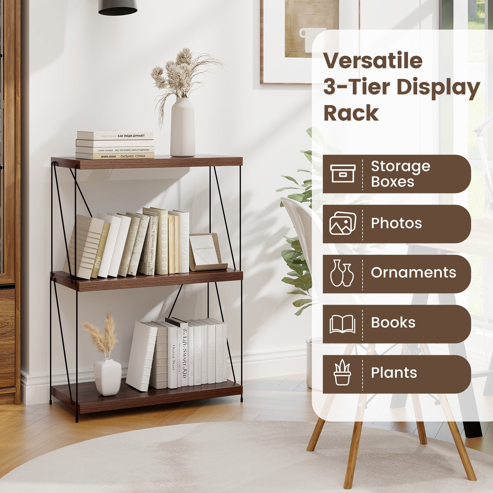 2/3/4/5-Tier Multipurpose Display Rack with Metal Frame-34 inches, Walnut Bookcases at Gallery Canada