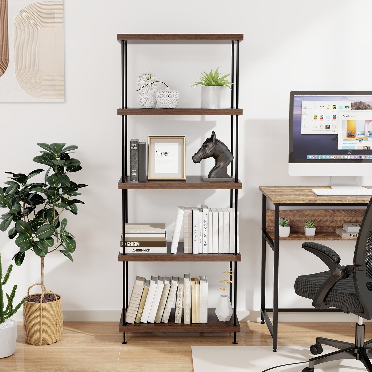 2/3/4/5-Tier Multipurpose Display Rack with Metal Frame-5-Tier, Walnut Bookcases at Gallery Canada