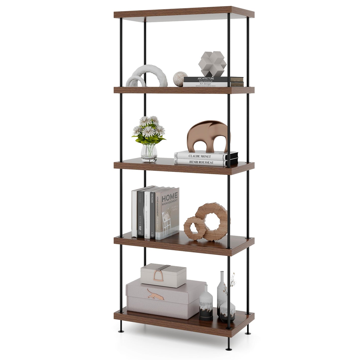 2/3/4/5-Tier Multipurpose Display Rack with Metal Frame-5-Tier, Walnut Bookcases at Gallery Canada